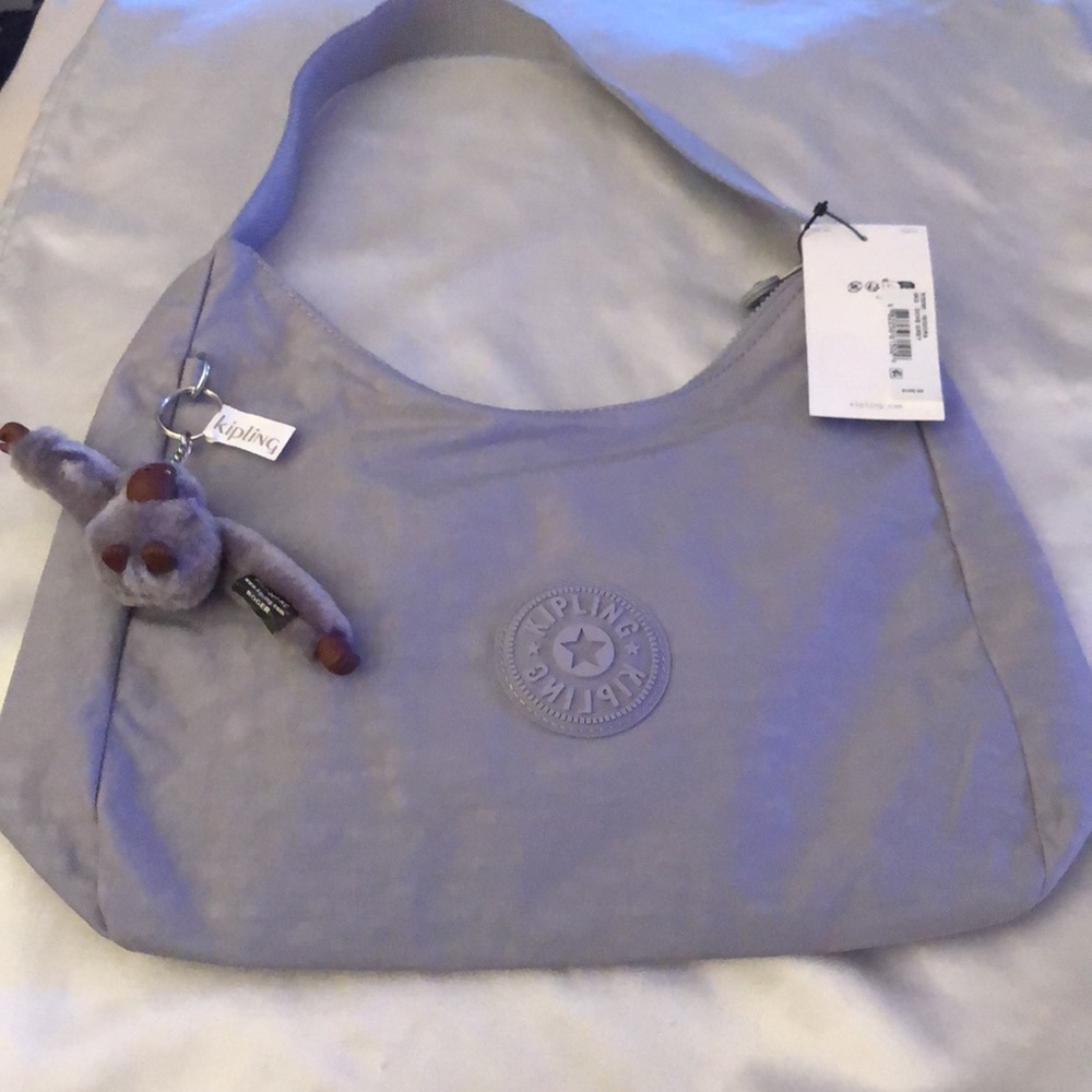 Kipling Isidora Nylon Shoulder Bag Dove Grey + Monkey Key Chain OS NWT - Picture 2 of 16